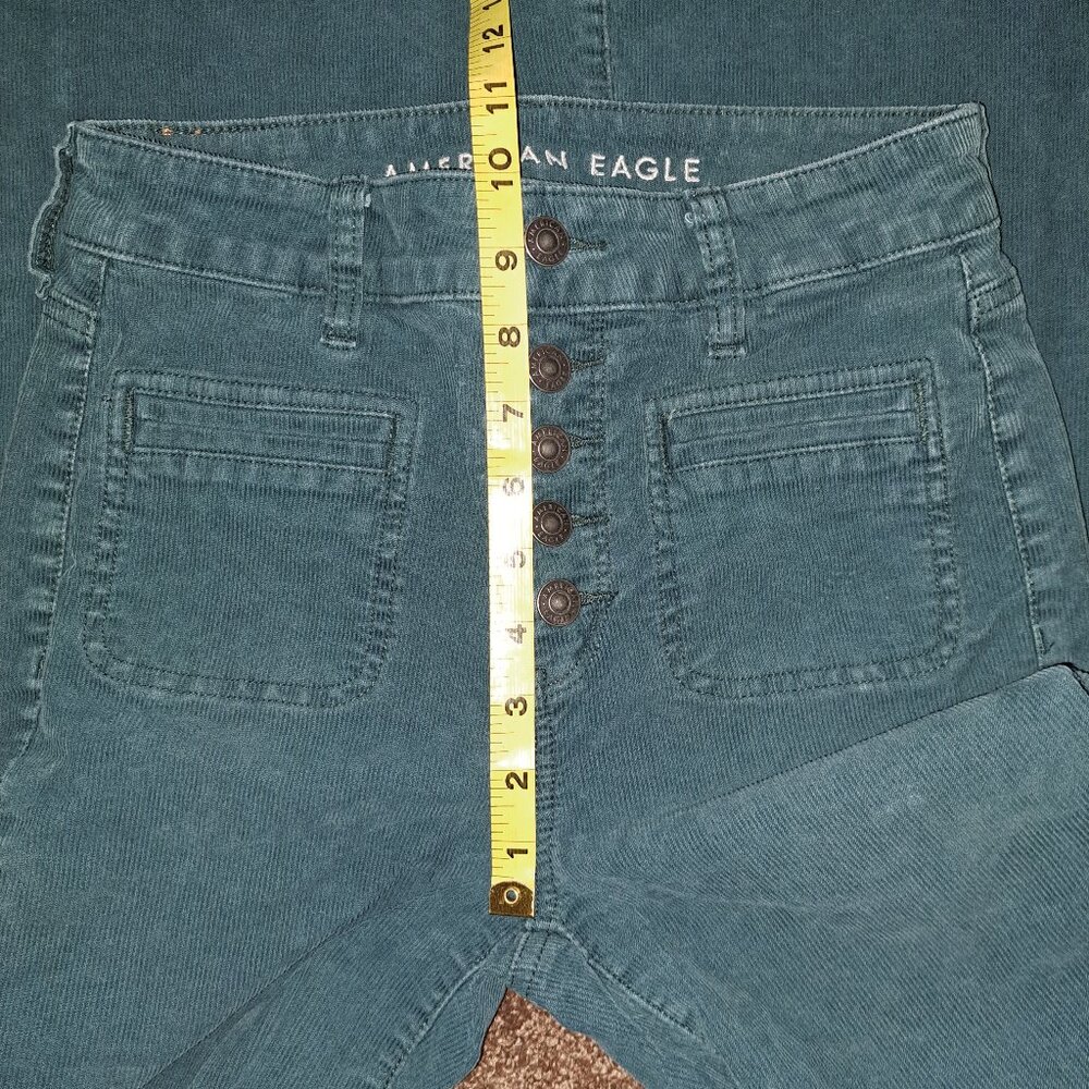 American Eagle Super Hi-Rise green corduroy pants with flare leg and button fly - Picture 8 of 11